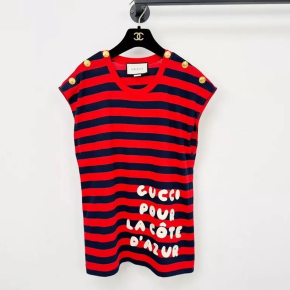 Gucci Côte d’Azur Embroidered Striped Top T-Shirt SS19 Red Navy S Small - Picture 1 of 10